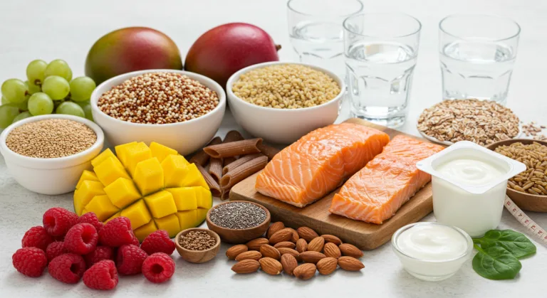 Şeker tüketimini azaltmaya yardımcı olan sağlıklı gıdalar: meyve, tam tahıl, su ve protein kaynakları.